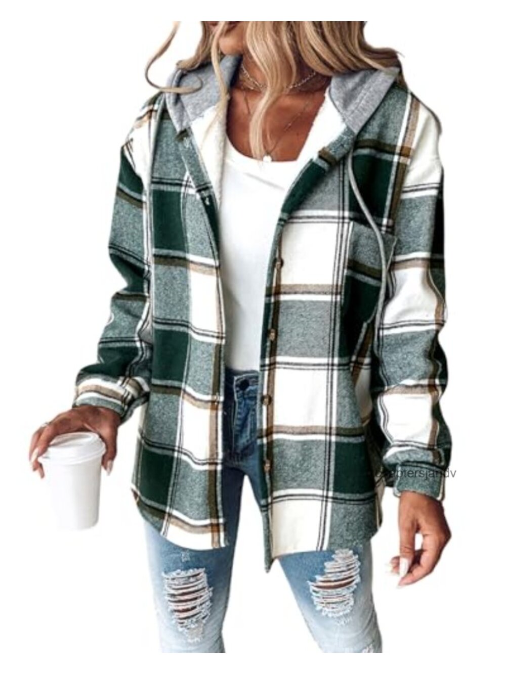 Women's Plaid Fleece-Lined Hooded Shacket Button-Down Jacket